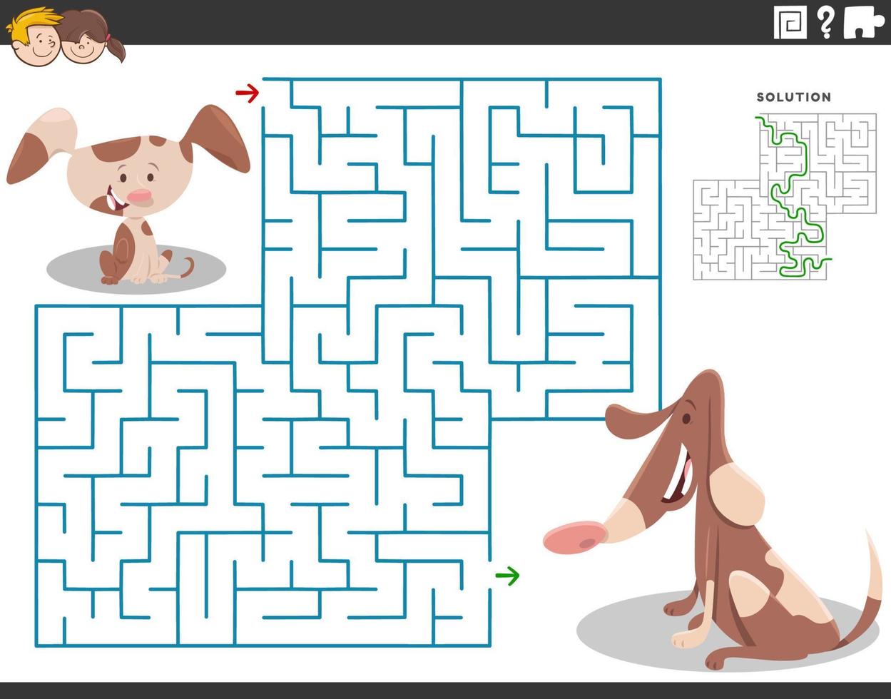 labyrinthpuzzle mit erwachsenem hund der karikatur und niedlichem kleinem welpen vektor