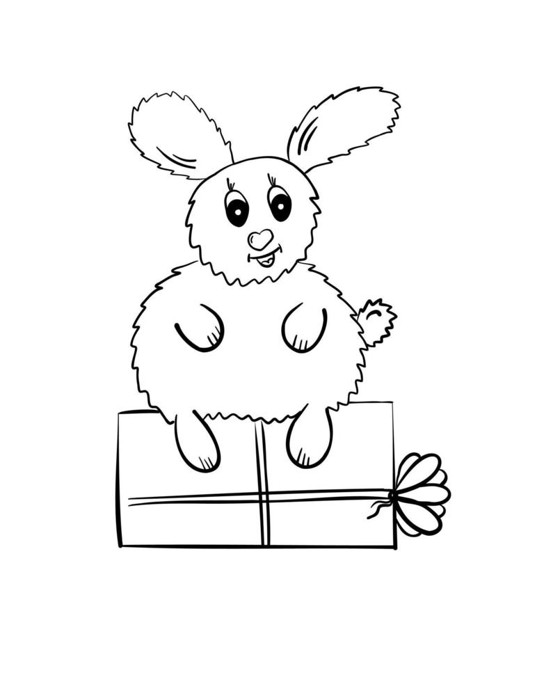 süßer weißer Osterhase. lustiger osterhase. Kaninchen sitzt auf einem Weihnachtsgeschenk. vektor