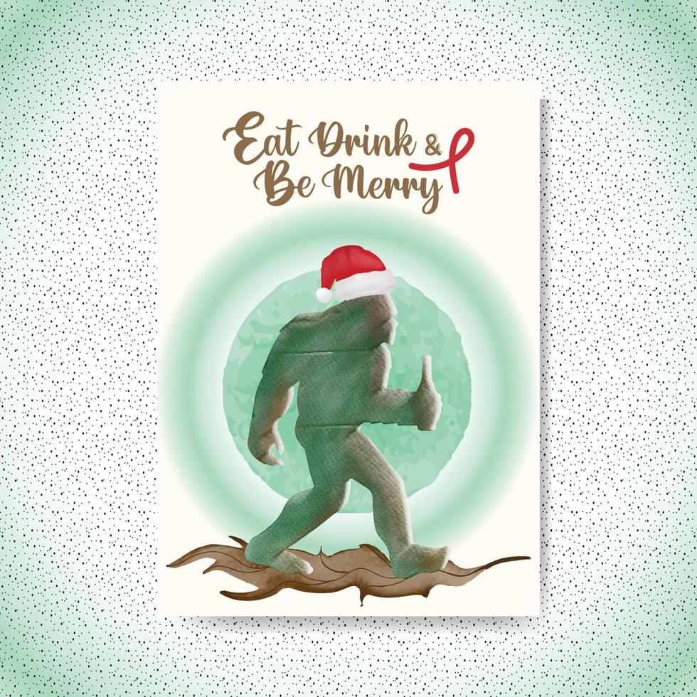 glad jul kort med vattenfärg storfot lyckönskningar äta dryck och vara glad text vektor design