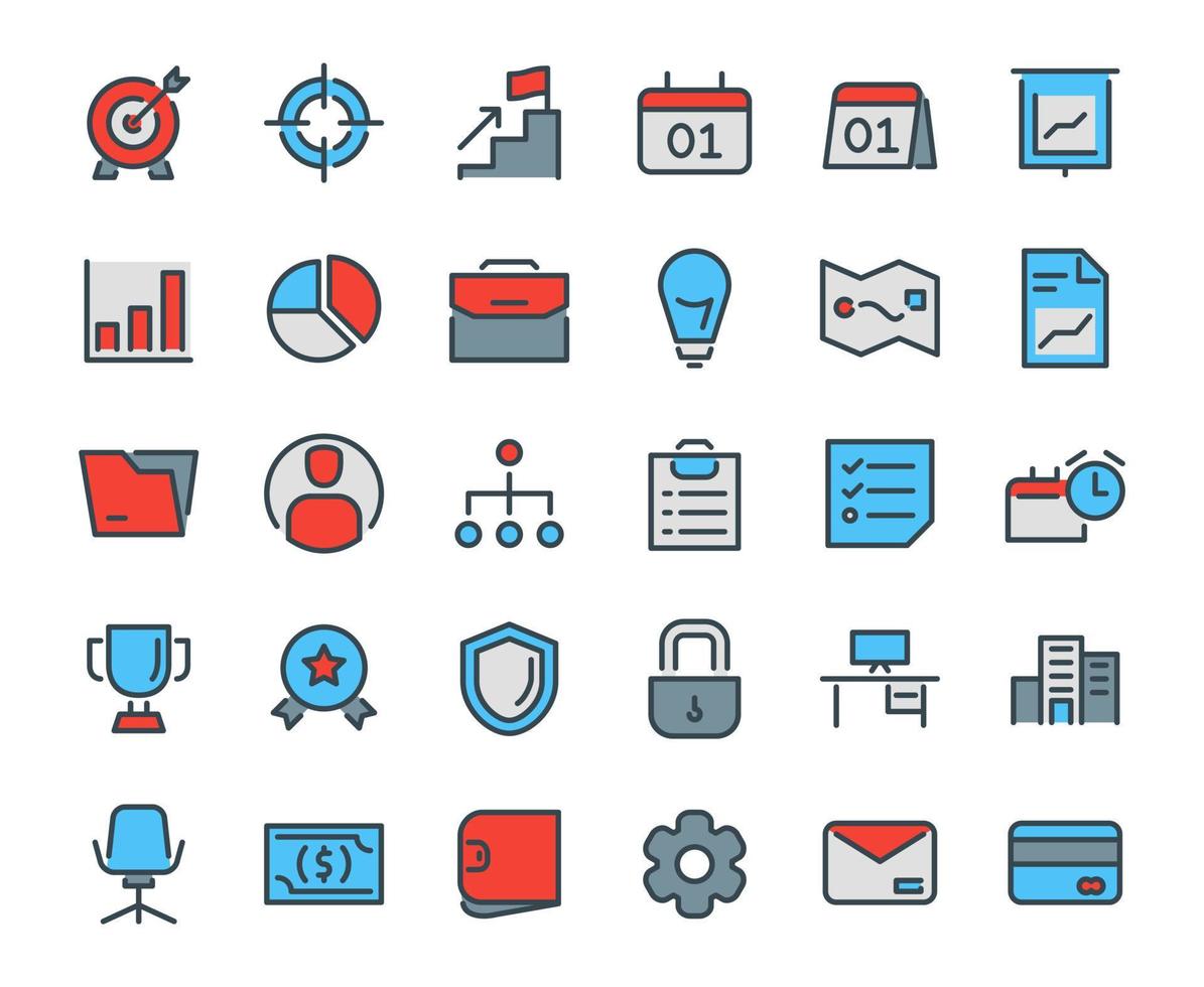 Business Icon Set Ziel Ziel Zeitplan Kalender Diagramm Idee Struktur Sicherheit Computer Geld Bankkarte mit Umriss Stil gefüllt Farbe modernes flaches Design. vektor