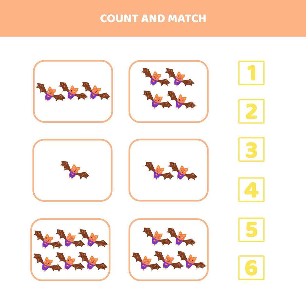 räkna och match spel för barn med en tecknad serie fladdermus. vektor