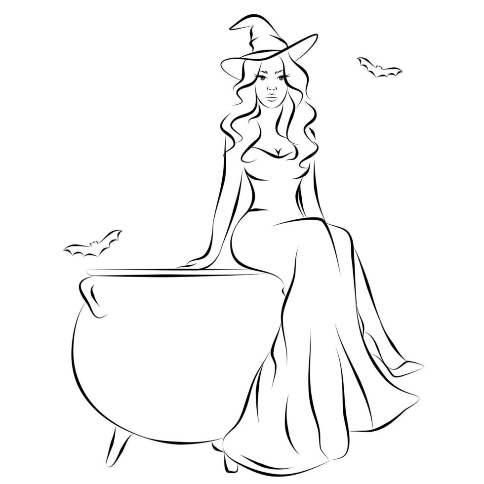 en skön häxa flicka i en lång klänning och en häxa hatt är Sammanträde på en kittel skiss teckning vektor