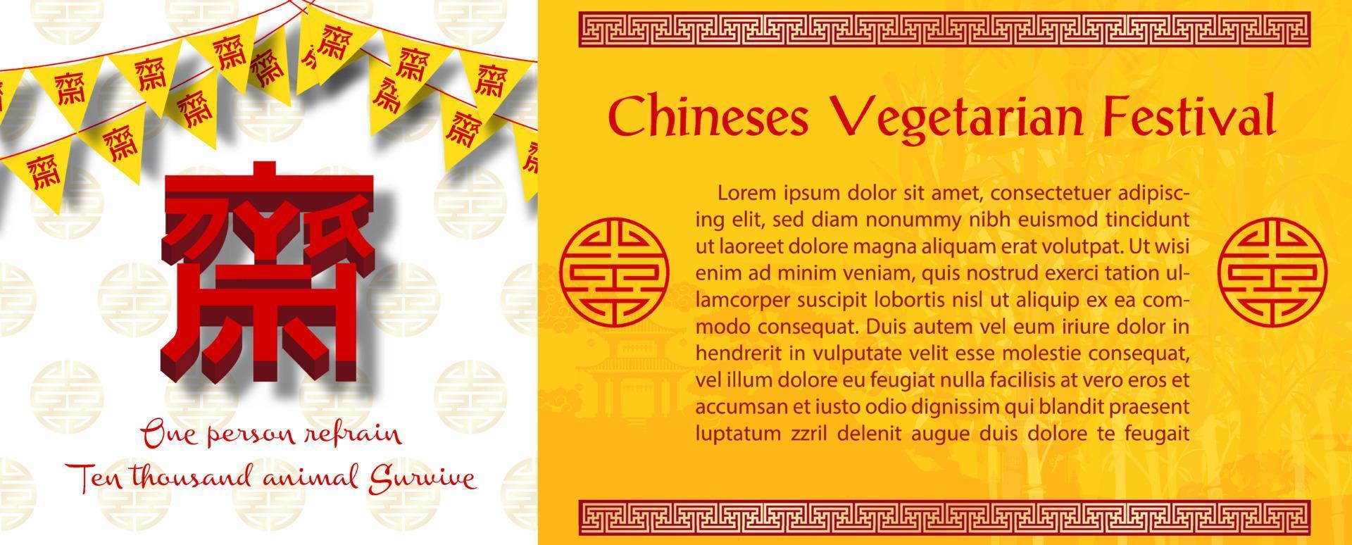 Chinesische vegetarische Festival-Dreieckflagge mit 3D-chinesischen Buchstaben, Slogan und Beispieltexten auf weißem und gelbem Hintergrund. Chinesische Buchstaben bedeuten Fasten für die Anbetung Buddhas auf Englisch. vektor