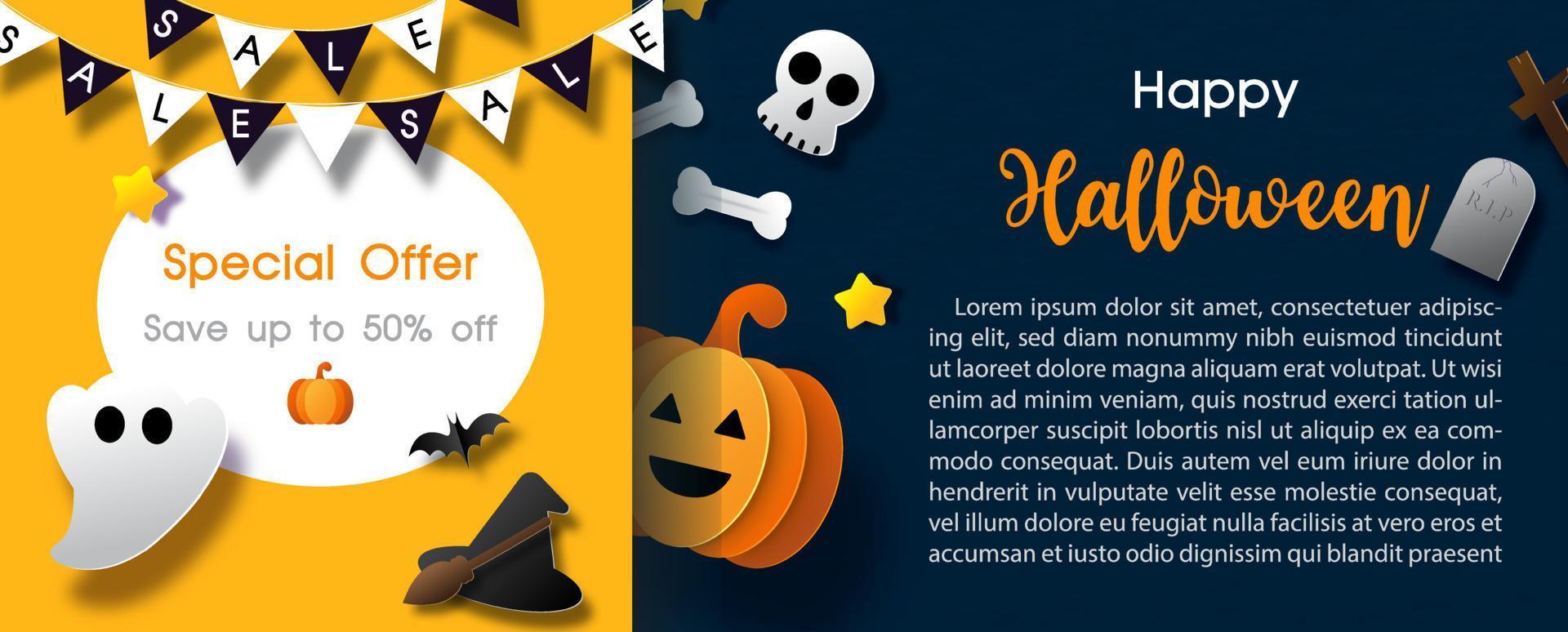 Shop-Banner und Werbung für den Halloween-Tag im Papierschnitt-Stil und Banner-Vektordesign. vektor