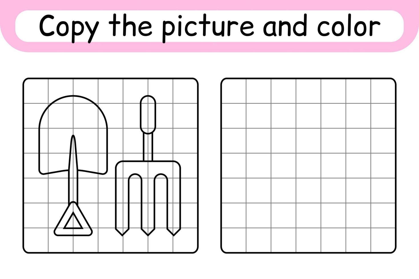 Kopiere das Bild und male Mistgabel und Schaufel aus. runden das Bild ab. beende das Bild. Malbuch. pädagogisches Zeichenübungsspiel für Kinder vektor