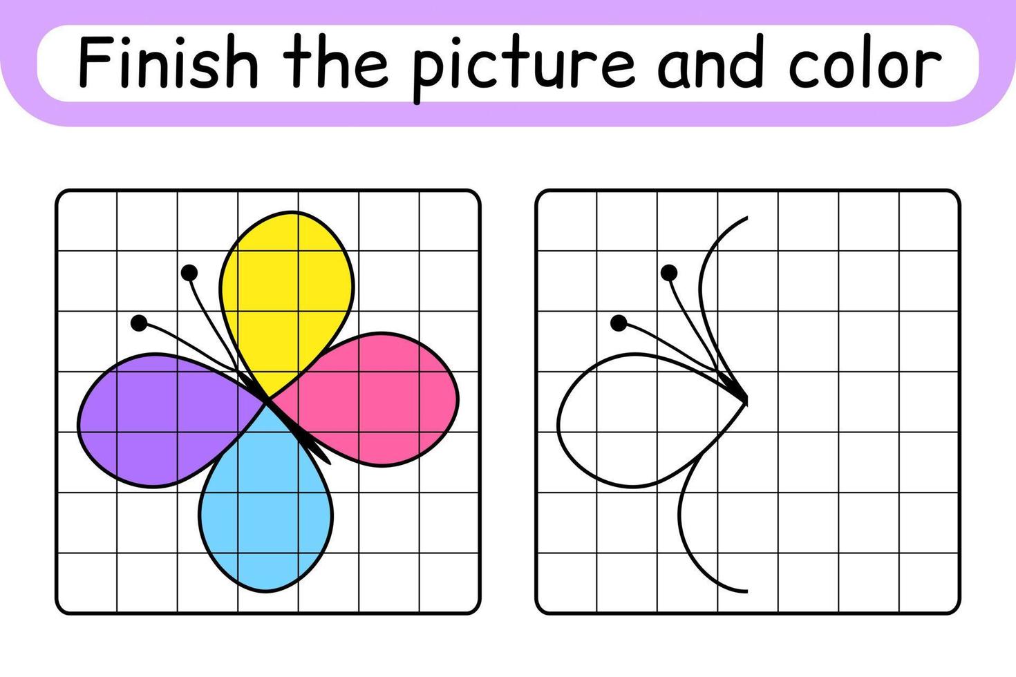 Vervollständigen Sie das Bild Schmetterling. Kopieren Sie das Bild und die Farbe. beende das Bild. Malbuch. pädagogisches Zeichenübungsspiel für Kinder vektor