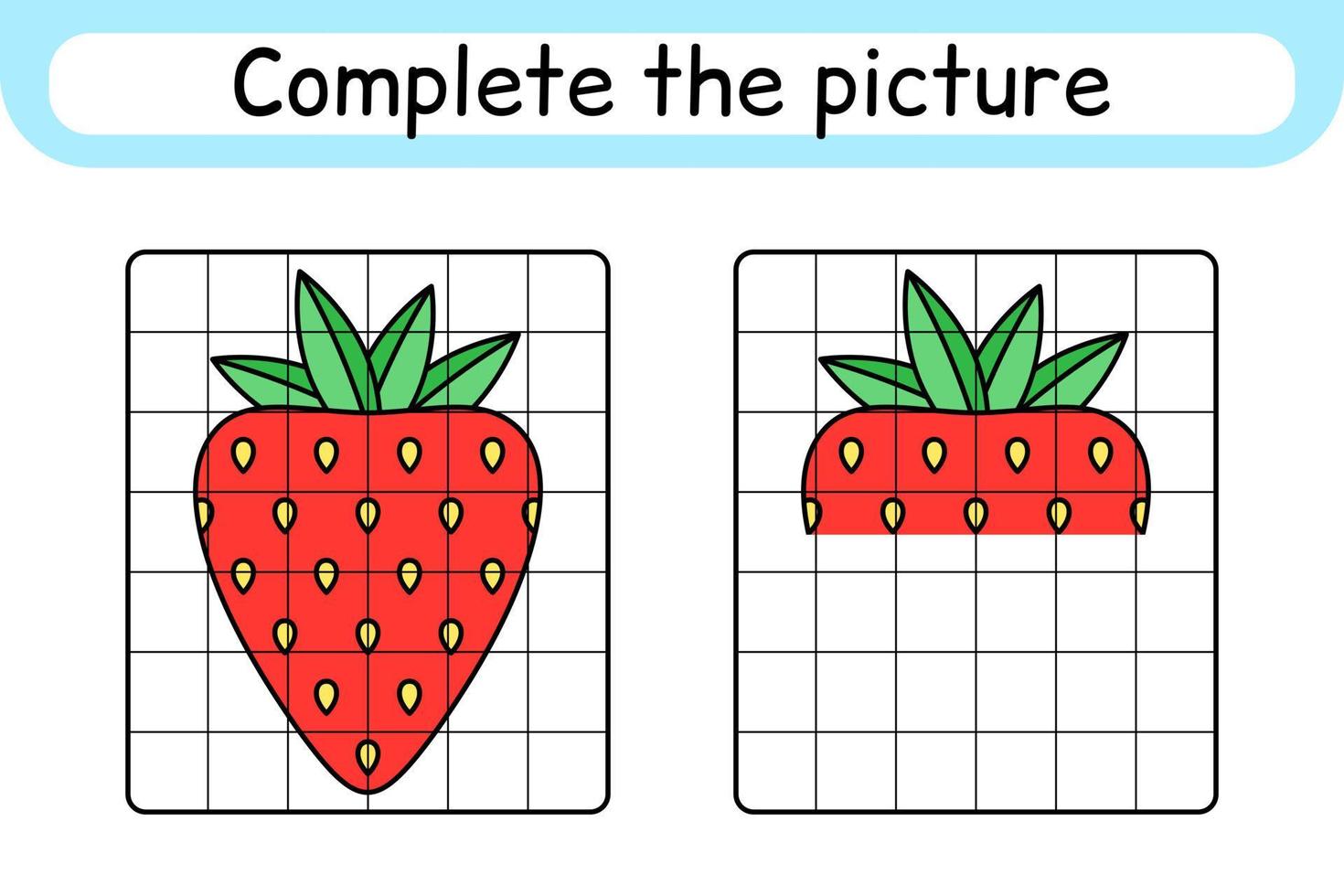 vervollständigen das Bild Erdbeere. Kopieren Sie das Bild und die Farbe. beende das Bild. Malbuch. pädagogisches Zeichenübungsspiel für Kinder vektor
