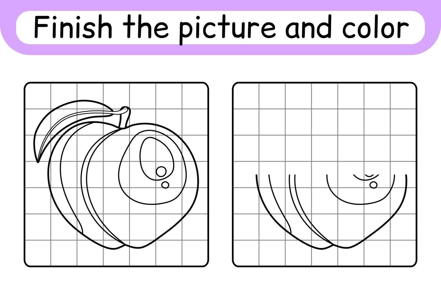 Vervollständigen Sie das Bild Pfirsich. Kopieren Sie das Bild und die Farbe. beende das Bild. Malbuch. pädagogisches Zeichenübungsspiel für Kinder vektor