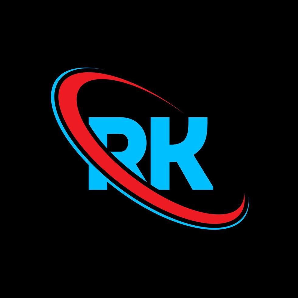rk logotyp. rk design. blå och röd rk brev. rk brev logotyp design. första brev rk länkad cirkel versal monogram logotyp. vektor