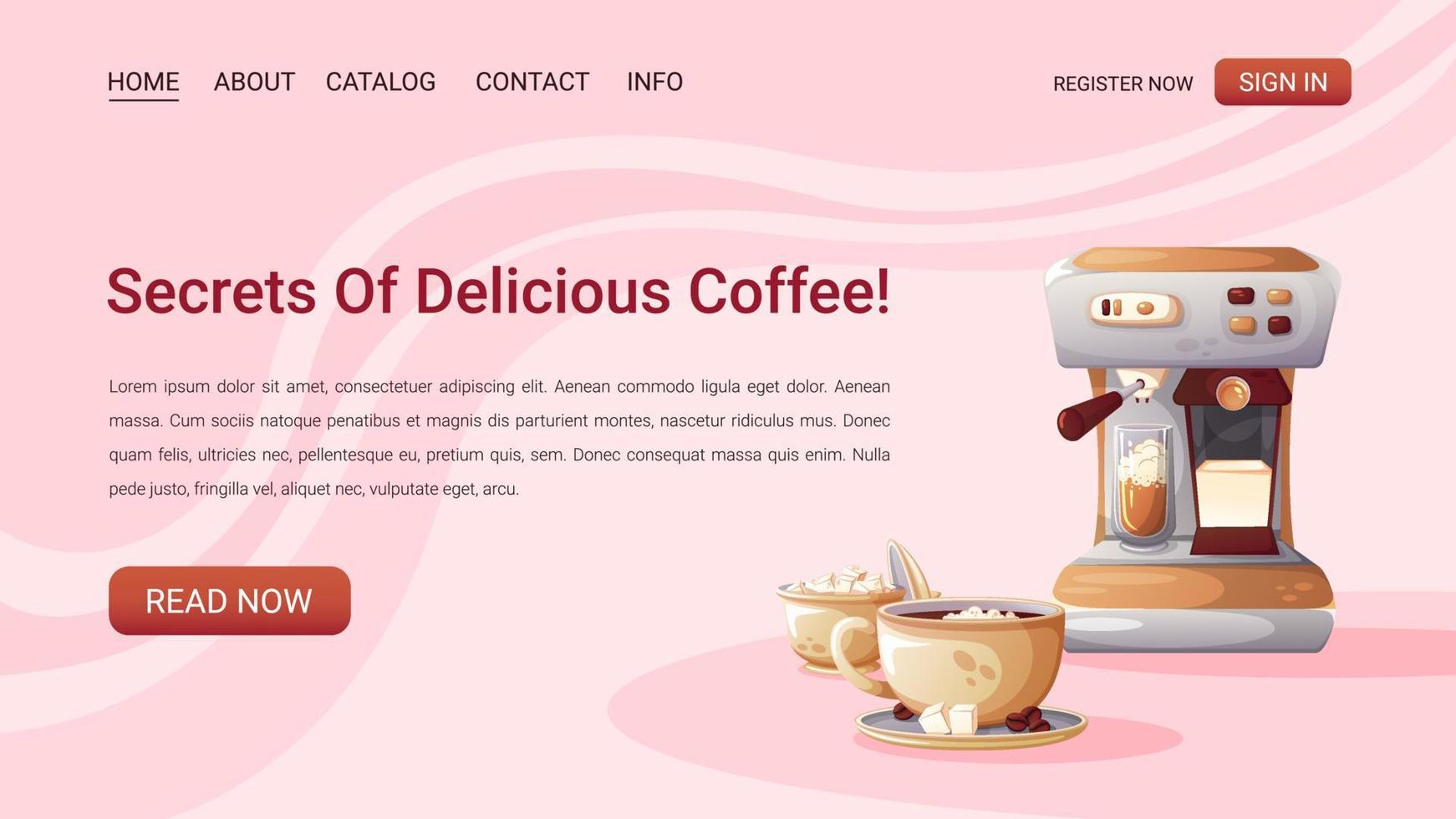 webb sida med illustrationer av kaffe koppar, socker skålar och kaffe maskiner. vektor