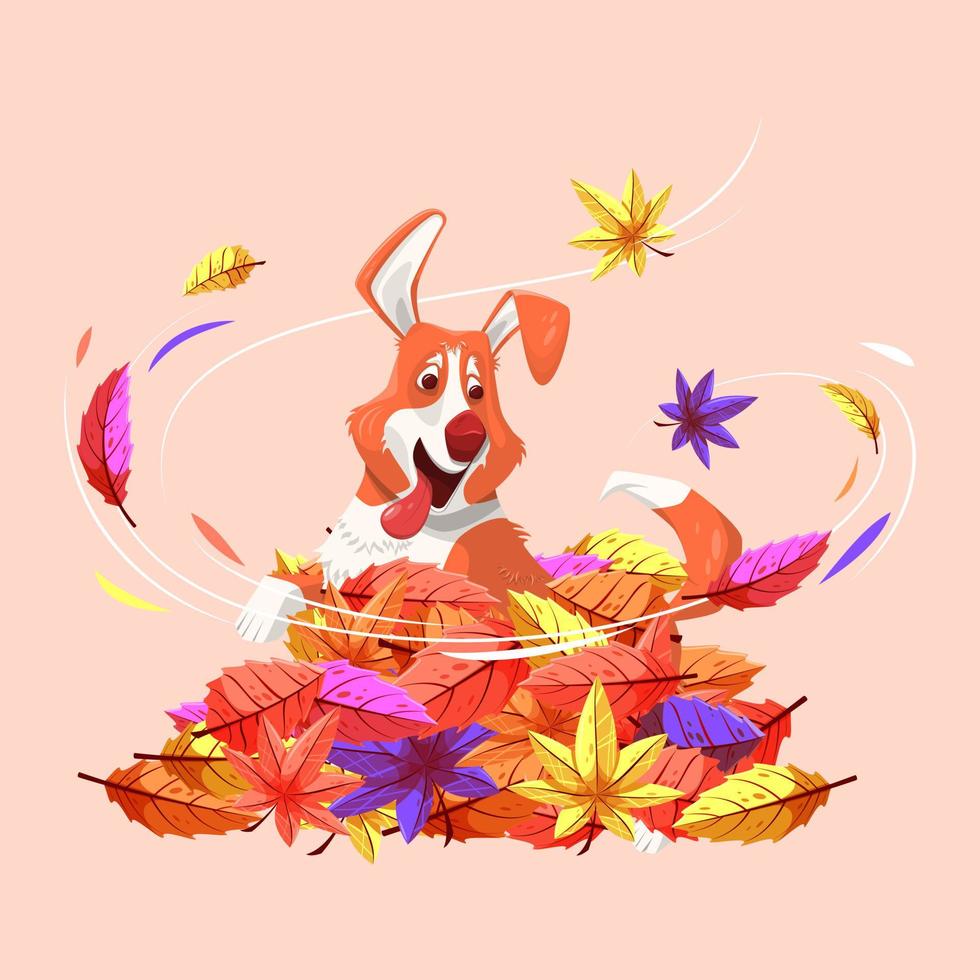 tecknad serie hund är spelar i en lugg av fallen löv. corgi. vektor