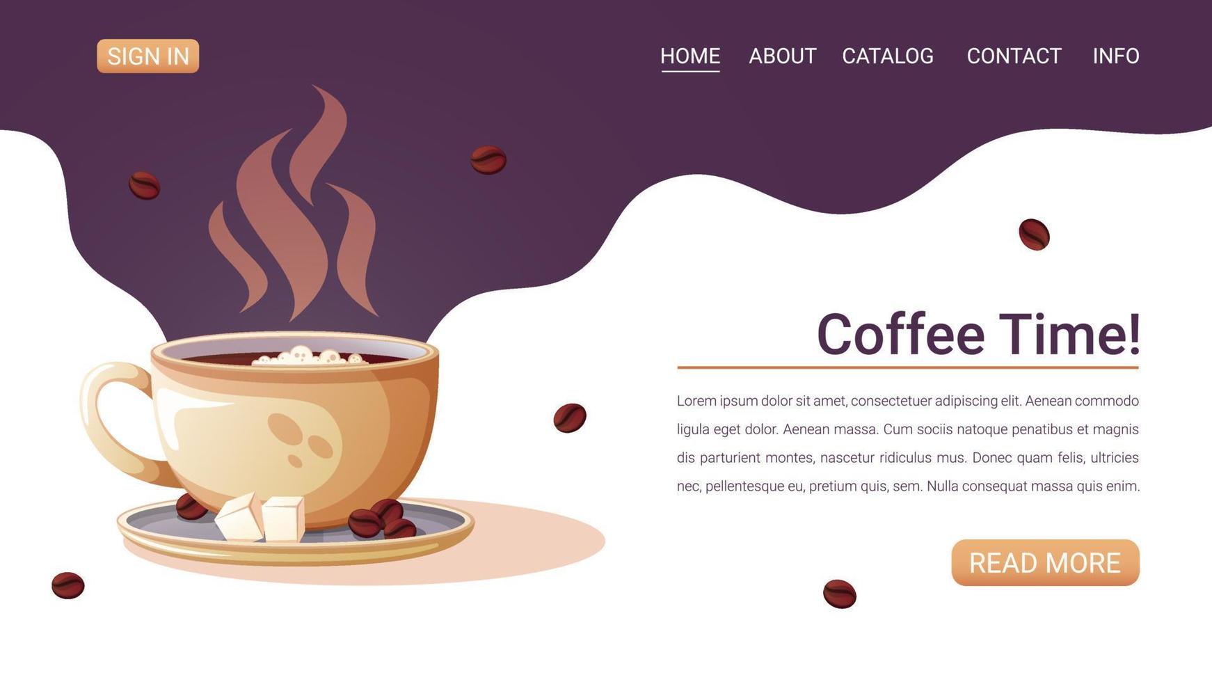 Webseite mit einer Illustration einer Kaffeetasse. vektor