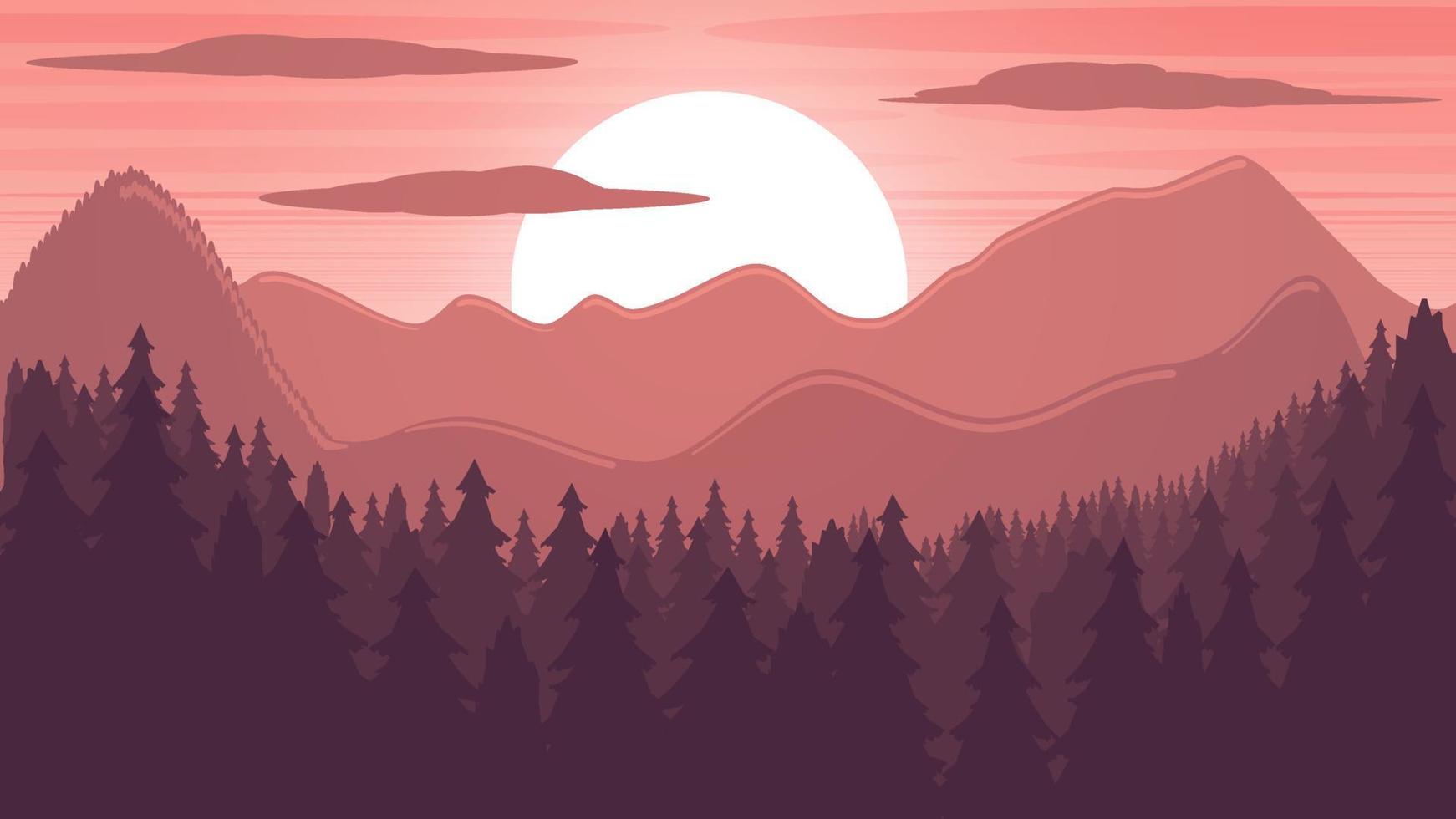 vektor landskap. rosa solnedgång i de bergen ovan de skog. stock bakgrund.