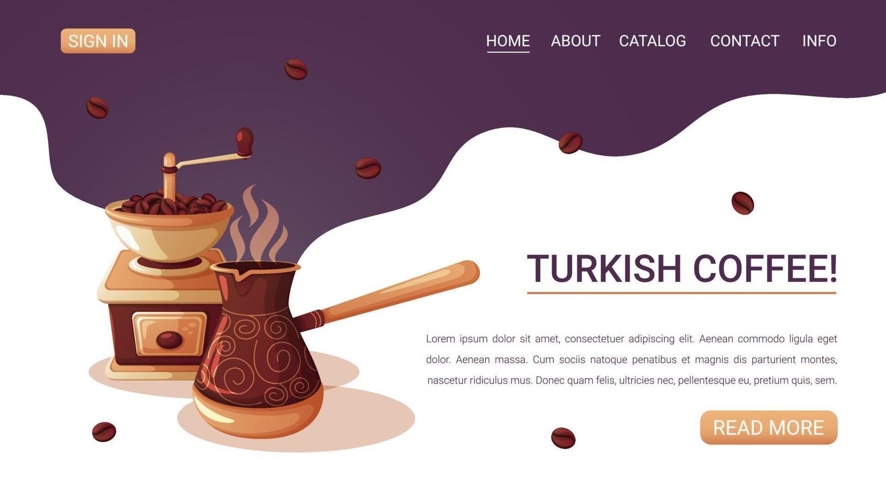 webseite mit einer illustration von türkischem kaffee. vektor