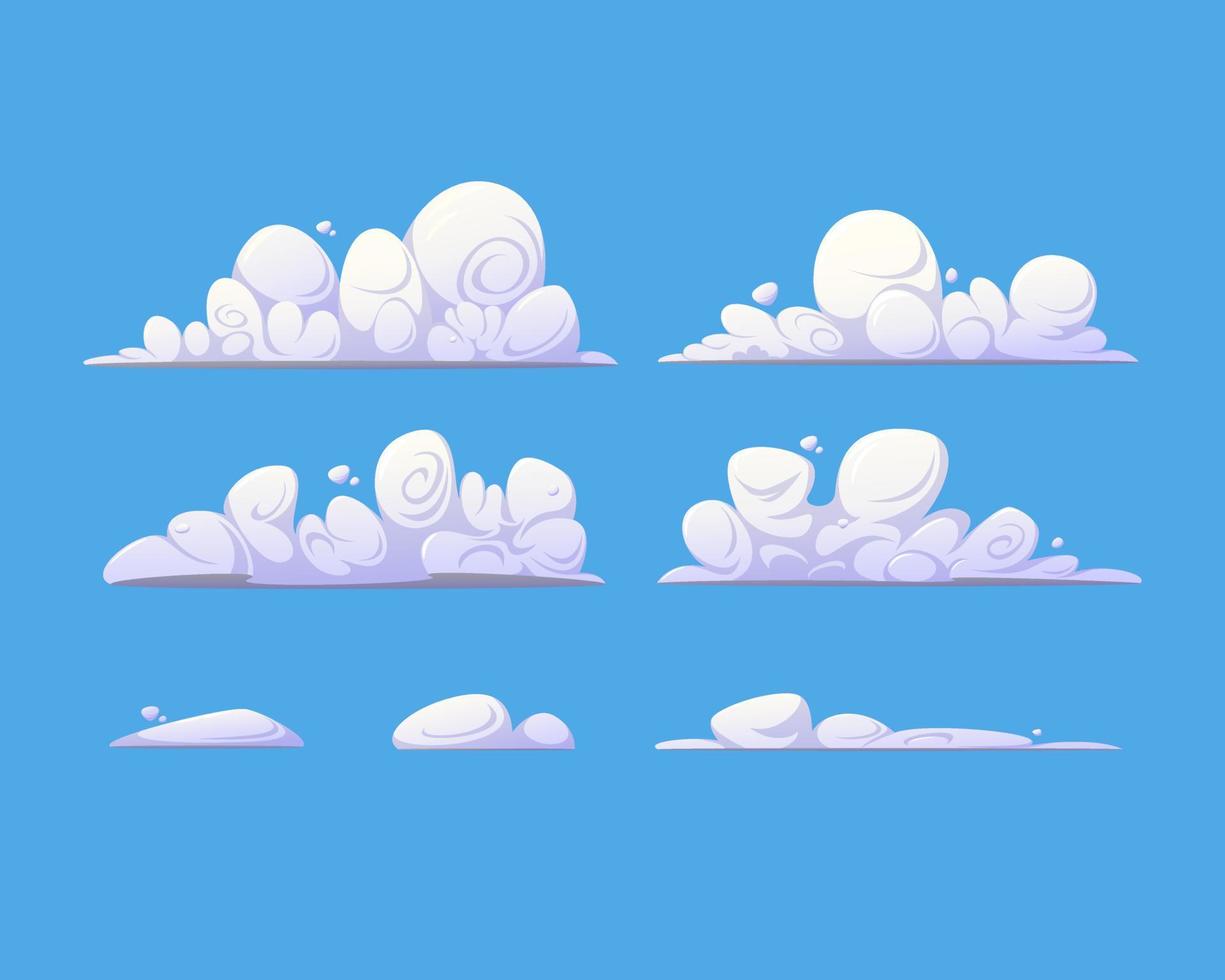 Reihe von Cartoon-Wolken. isoliert auf blauem Hintergrund. vektor