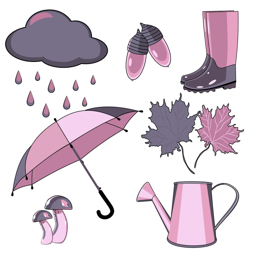 satz herbstzubehör mit stiefeln, regenschirm, wolke und regen, pilzen und ahornblättern vektor