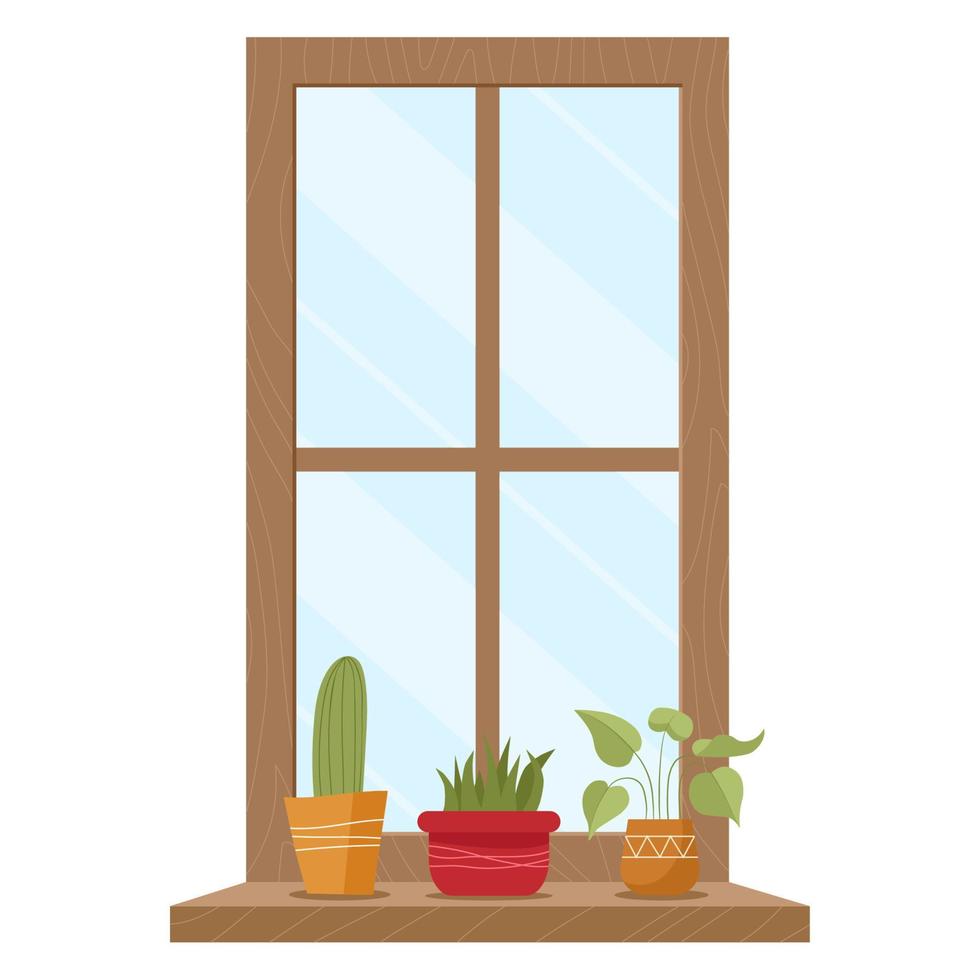tecknad serie fönster med hus växt i blomma krukor. inomhus- interiör element vektor