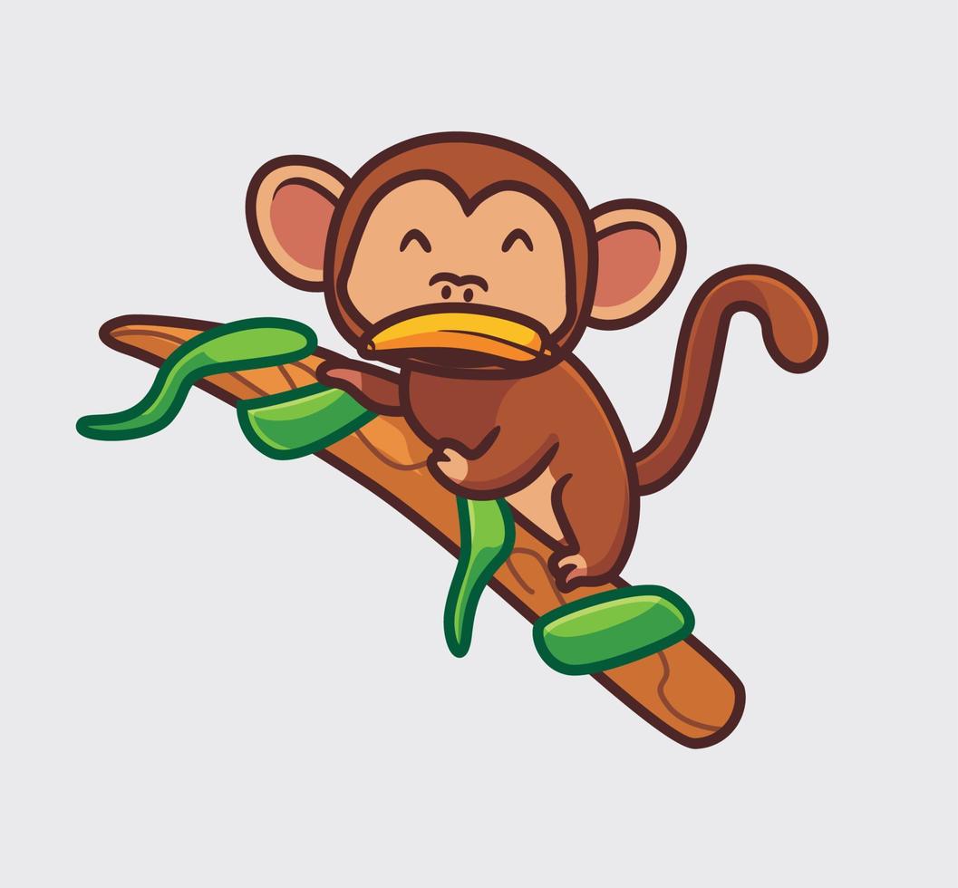 Süßer Affe, der Banane auf Ästen isst. isolierte karikaturtiernaturillustration. flacher Stil geeignet für Aufkleber-Icon-Design Premium-Logo-Vektor. Maskottchen Charakter vektor