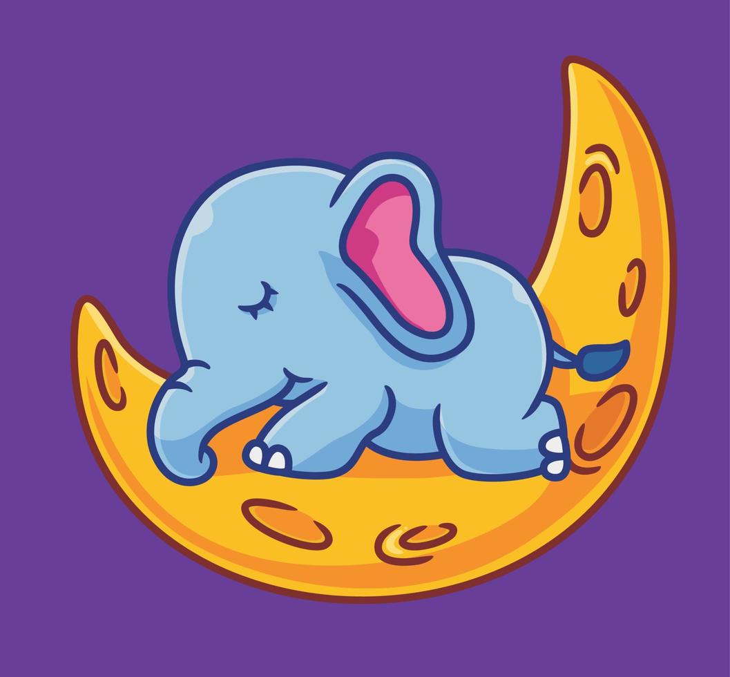 süßer elefant schläft auf dem mond. isolierte karikaturtierillustration. flaches Aufkleber-Icon-Design Premium-Logo-Vektor. Maskottchen Charakter vektor