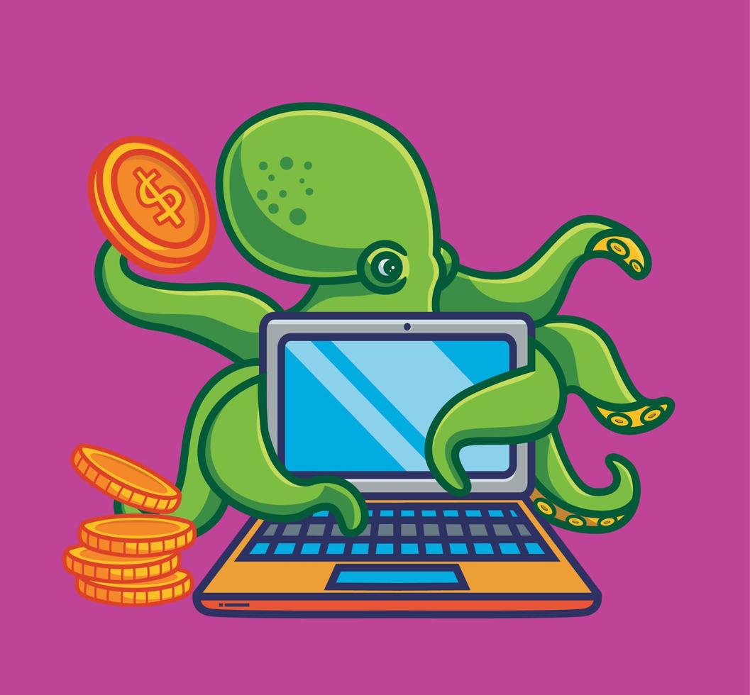 süßer Oktopus-Hacker, der kardiert, um an das Geld zu kommen. isolierte karikaturtierillustration. flaches Aufkleber-Icon-Design Premium-Logo-Vektor. Maskottchen Charakter vektor