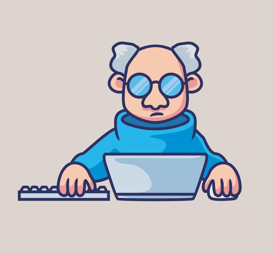 süßer alter hacker arbeitet. isolierte karikaturpersonenillustration. flacher Stil geeignet für Aufkleber-Icon-Design Premium-Logo-Vektor vektor