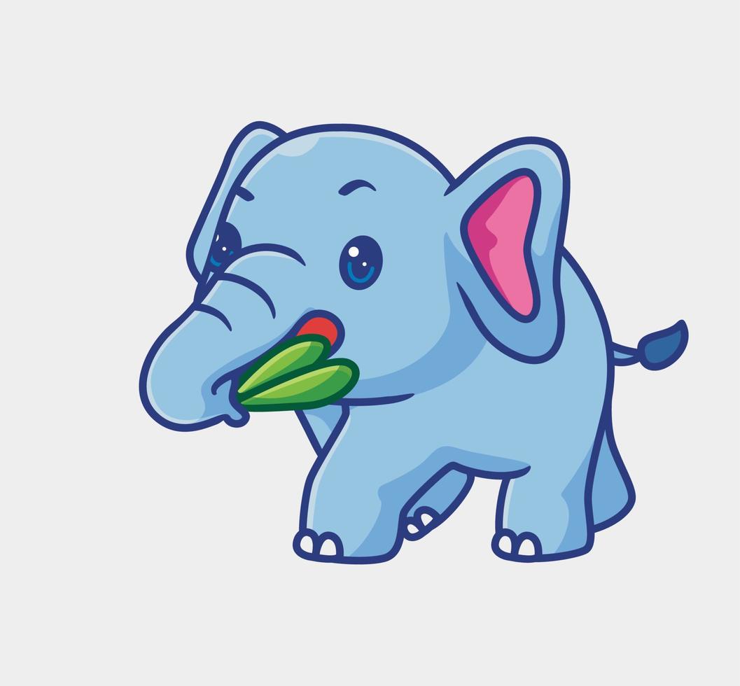 söt elefant hungrig äter en blad. isolerat tecknad serie djur- illustration. platt stil klistermärke ikon design premie logotyp vektor. maskot karaktär vektor