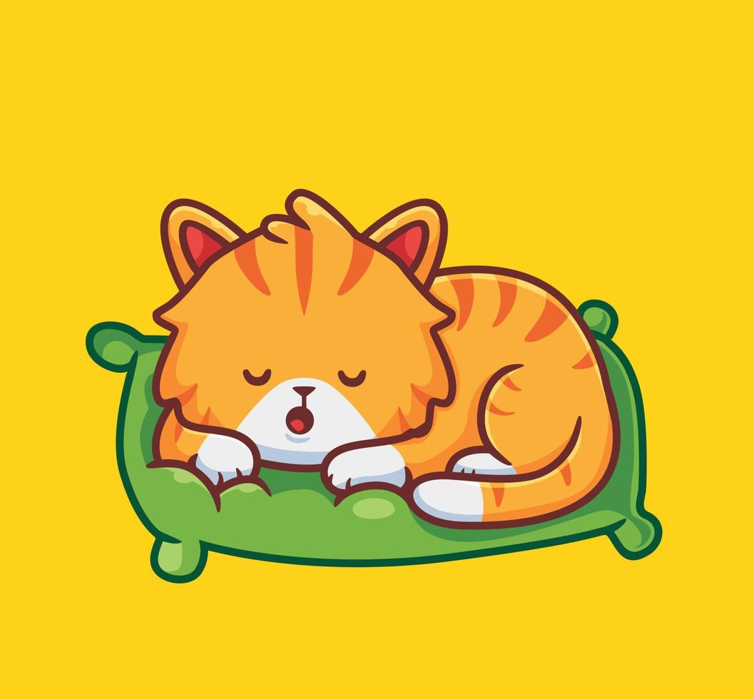 süße katze schläft auf dem weichen kissen. isolierte karikaturtierillustration. flaches Aufkleber-Icon-Design Premium-Logo-Vektor. Maskottchen Charakter vektor