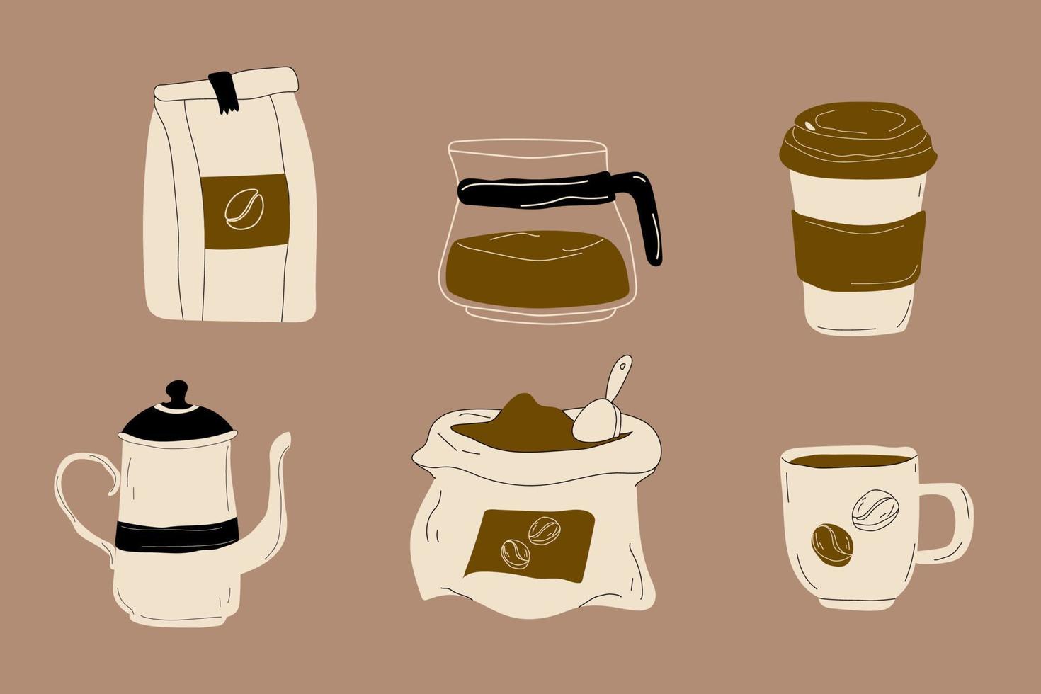 isolerat kaffe element uppsättning. vattenkokare, kopp, förpackning med kaffe, väska av kaffe bönor, glas kaffe pott. samling för meny, kaffe affär. hand dragen modern vektor illustration