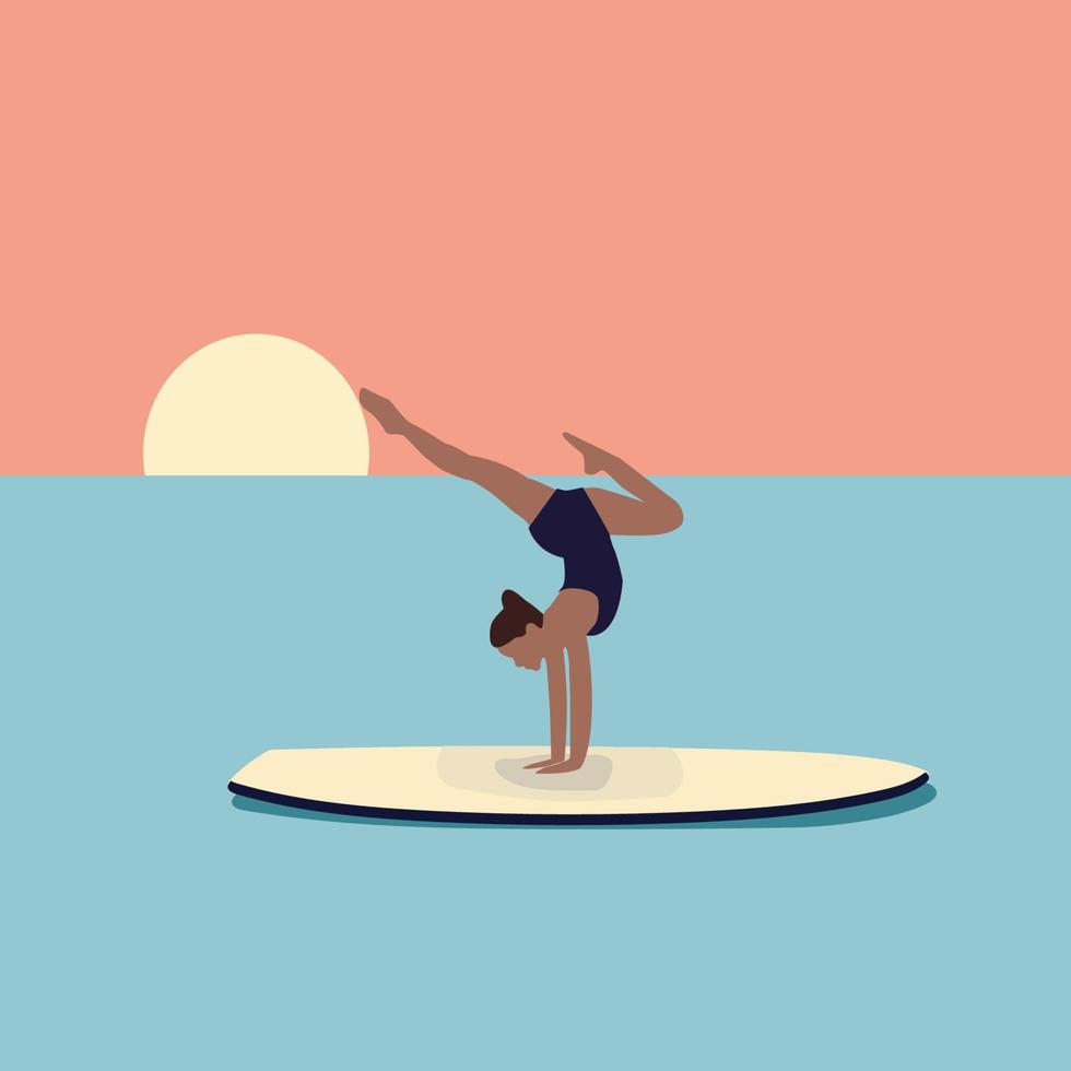 ung kvinna håller på med yoga på en supera styrelse. kvinna karaktär i baddräkt på en surfbräda. scen av sommar semester eller semester på hav. vektor