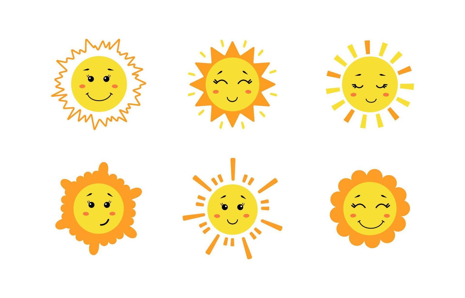 uppsättning av söt handritad sol. gula roliga solar med olika känslor isolerad på vit bakgrund. vektor barnslig illustration i platt tecknad stil