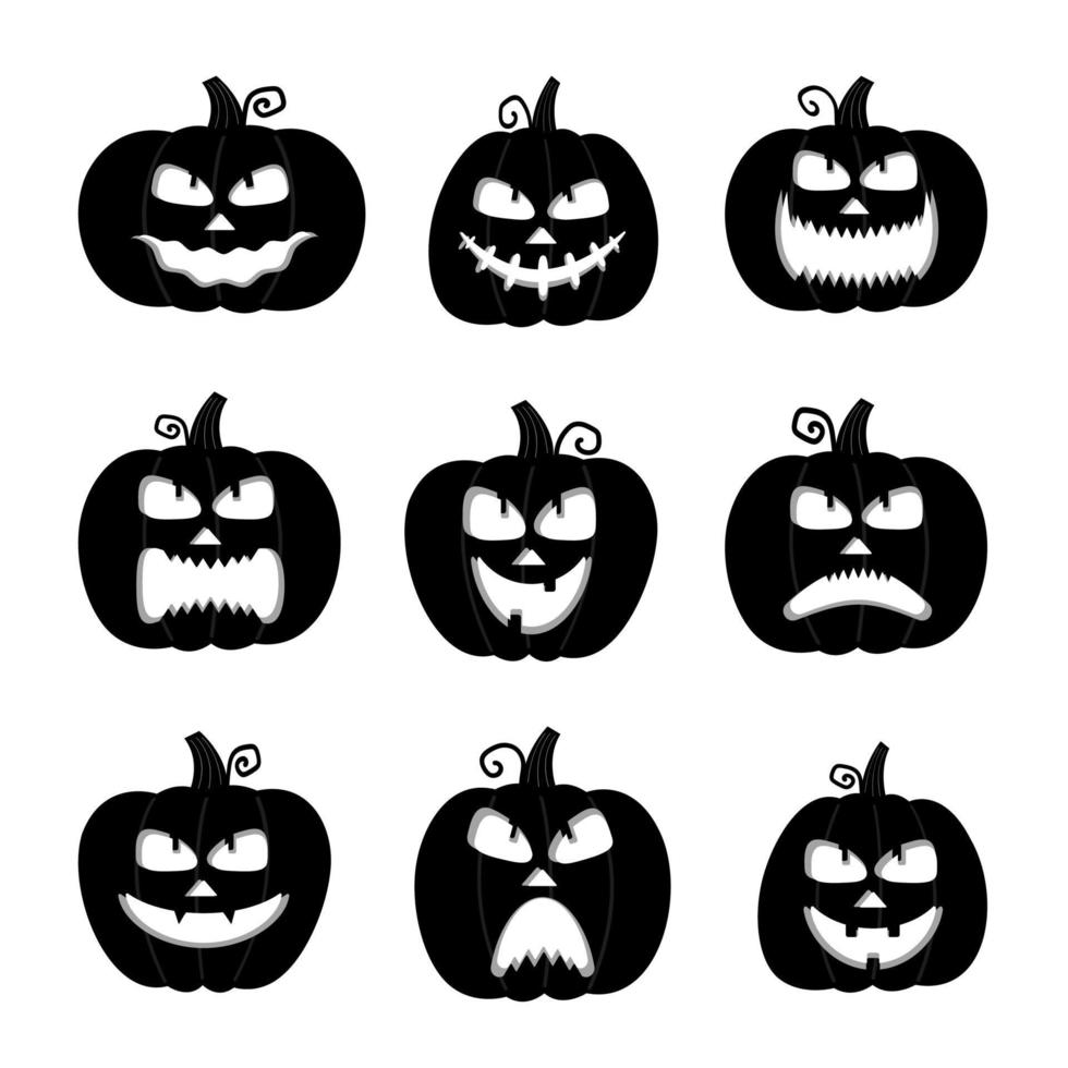 Lycklig, rolig, söt och skrämmande halloween pumpa uppsättning. högtider tecknad serie karaktär samling. vektor illustration i platt stil.