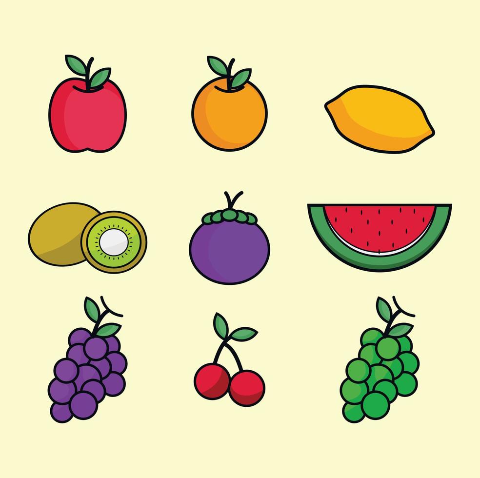 satz von mehrfarbigen verschiedenen art von früchten flachen stil icons.version illustration cartoons, vektor