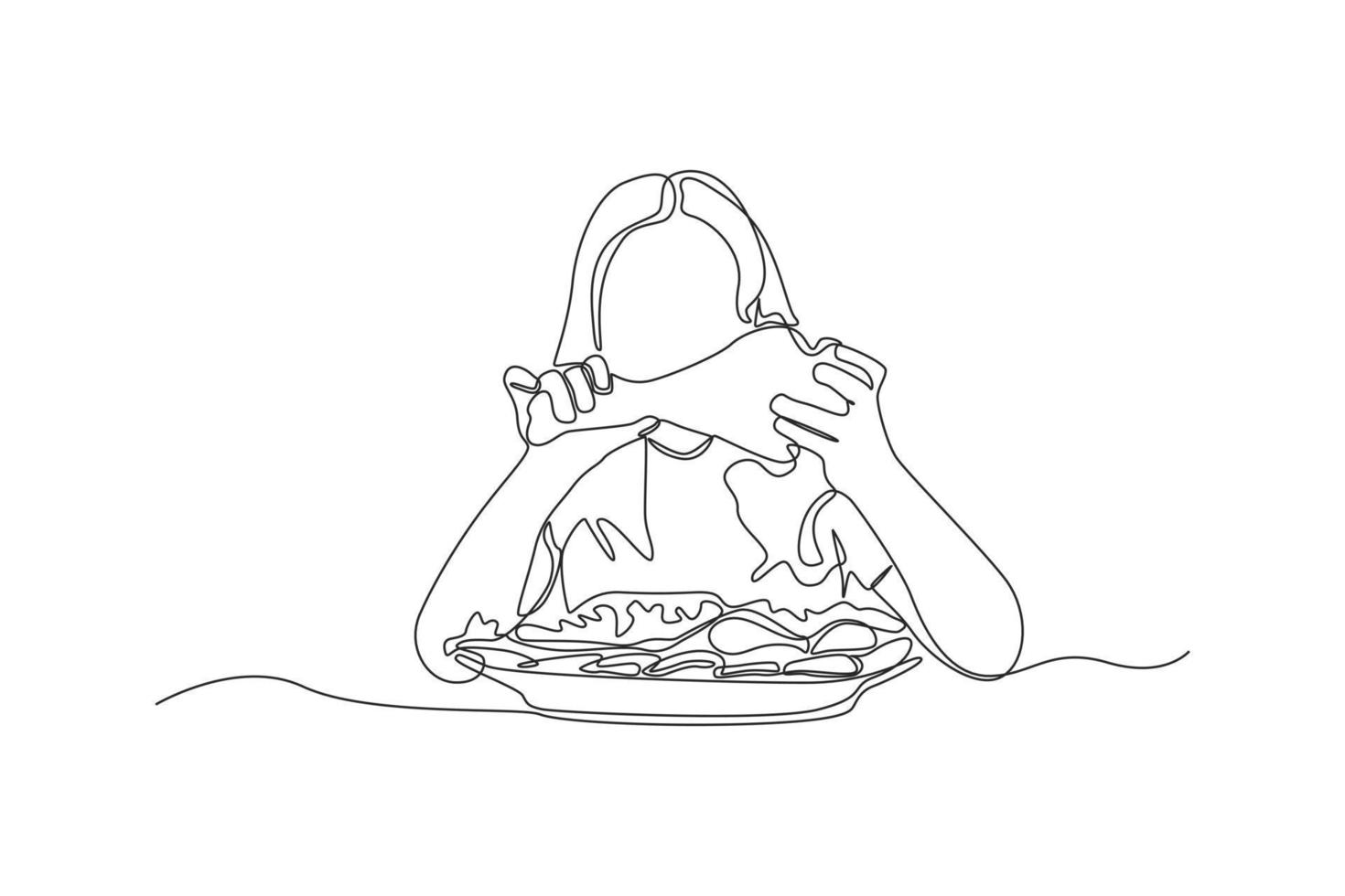 enda ett linje teckning ung flicka äter kyckling. tack ger begrepp. kontinuerlig linje dra design grafisk vektor illustration.