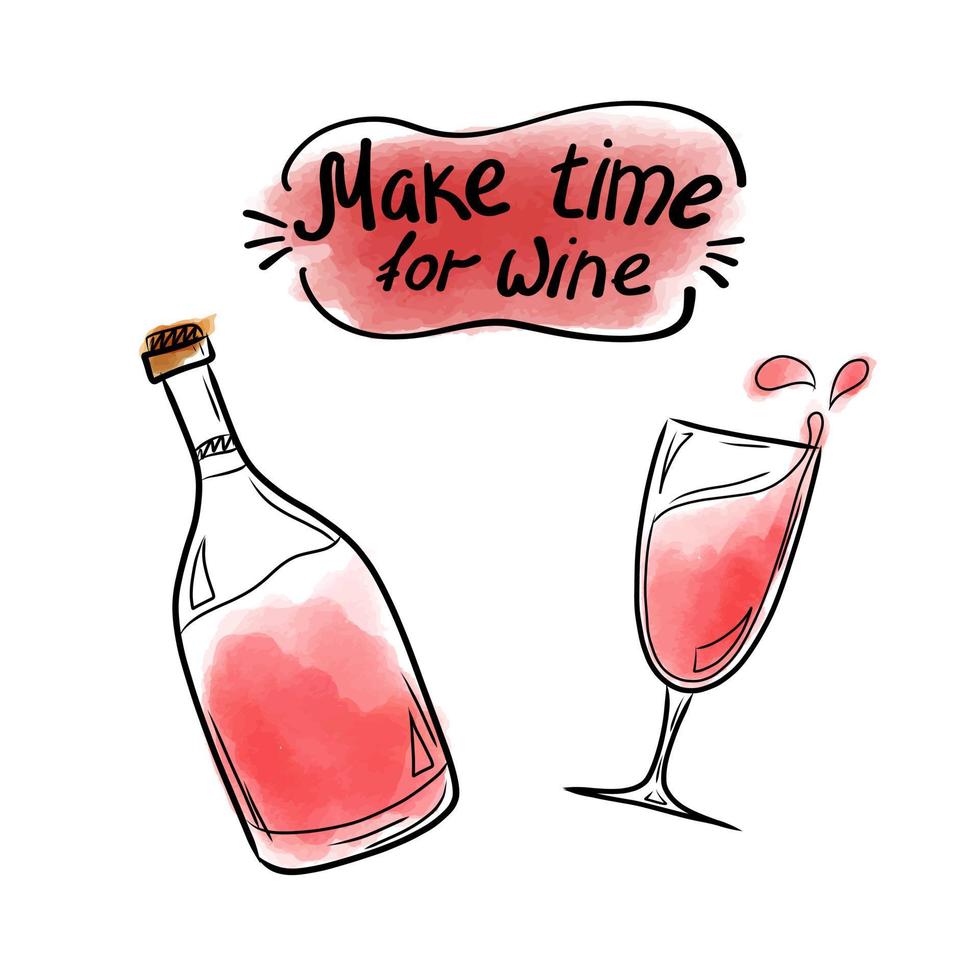 vektor illustration med text inskrift göra tid för vin, en flaska och en glas av röd vin på en vattenfärg bakgrund. rolig inskrift för vykort, affischer, hjärtans dag, Kafé