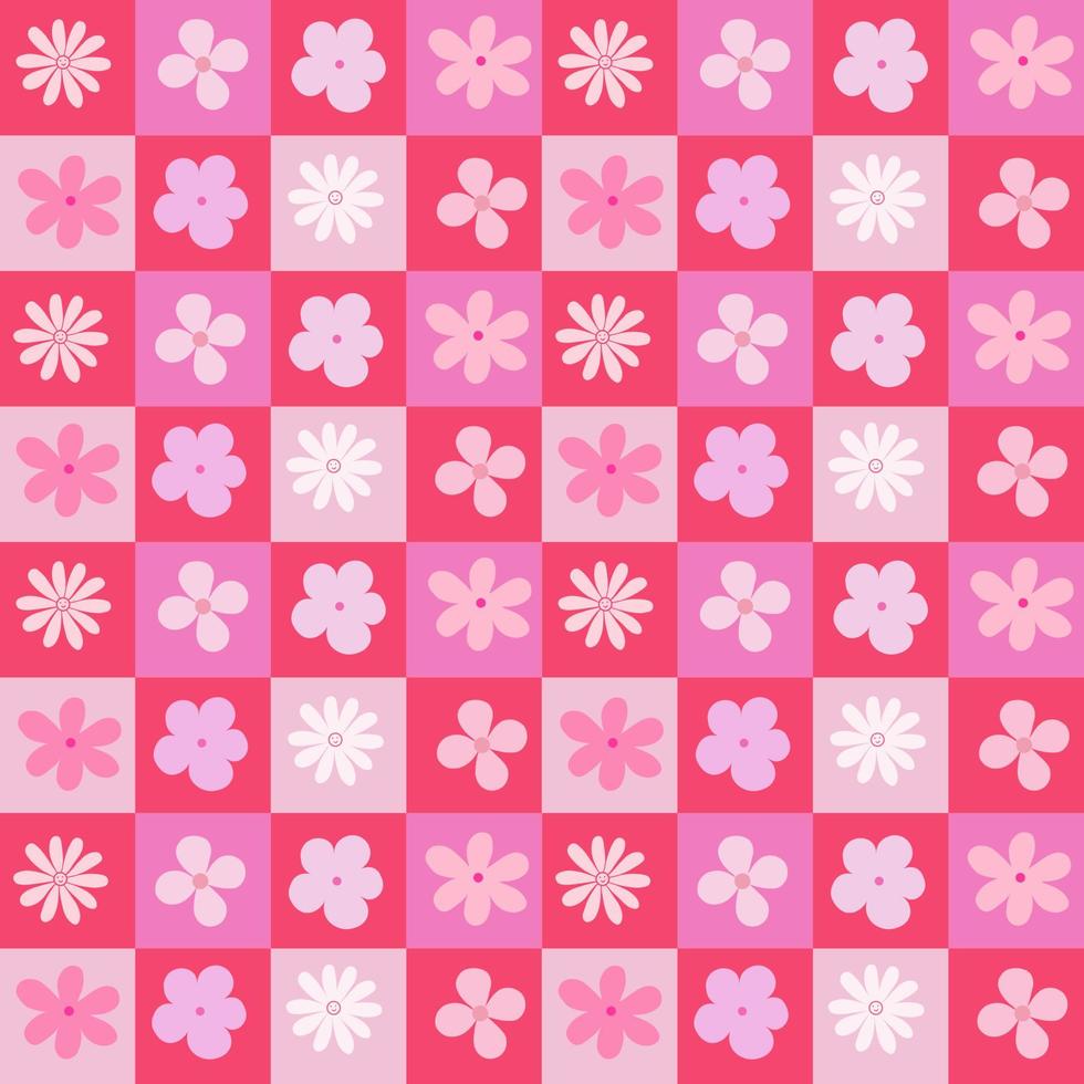rosa tona blomma i schack styrelse tabell vektor. schack tabell sömlös mönster med geometrisk blommor. enkel och trendig platt vektor illustration i retro stil.