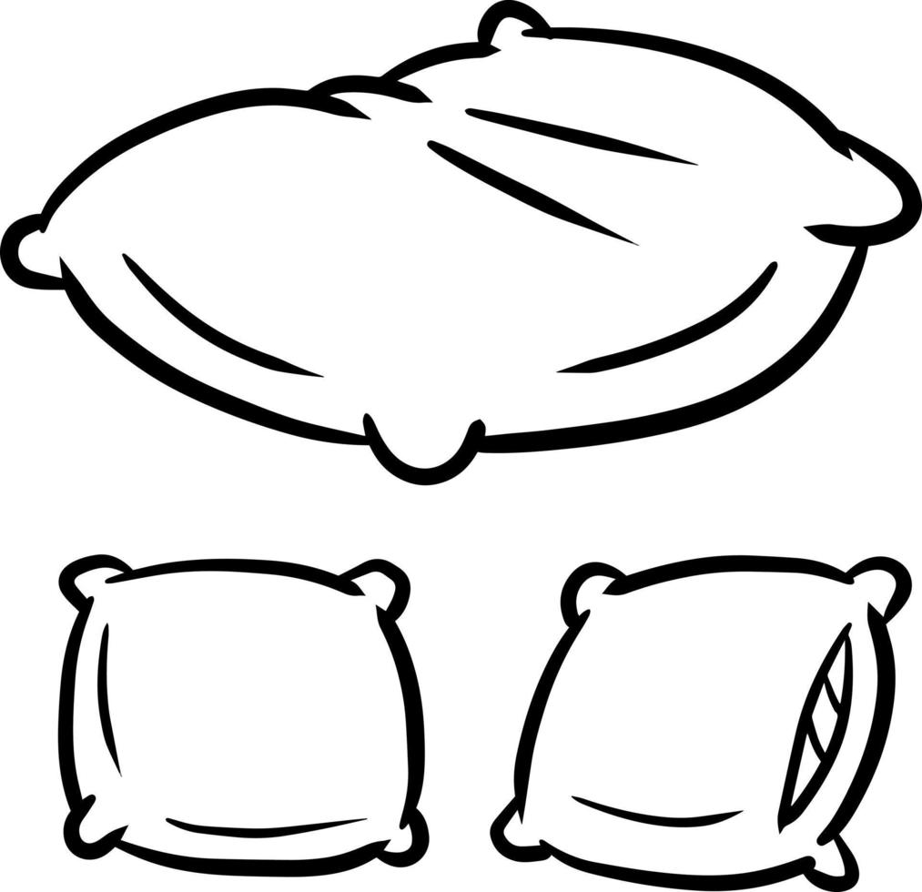 uppsättning av kuddar. mjuk kuddar. stor och små objekt. tecknad serie svart och vit platt illustration. de element av de sovrum och säng för sömn vektor