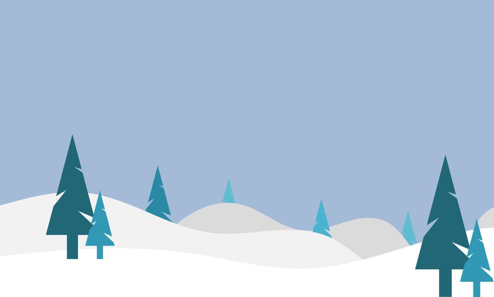 vinter- landskap illustration med tall träd, moln, och hus. vinter- tapet med platt stil design. vinter- illustration med tecknad serie stil. Hej vinter. vektor