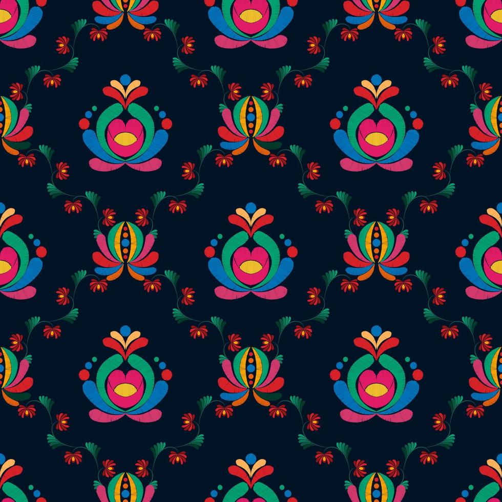 blommig etnisk ikat sömlös mönster dekoration design. aztec tyg matta boho mandalas textil- dekor tapet. stam- inföding motiv blomma dekorativ traditionell broderi vektor bakgrund