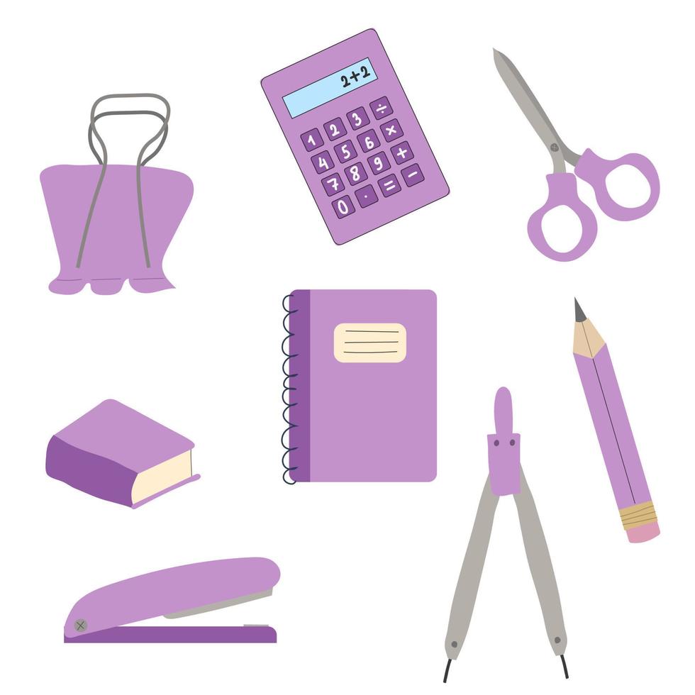 uppsättning av brevpapper i lila Färg i platt stil. sax, häftapparat, kalkylator, böcker, penna, Pärm vektor