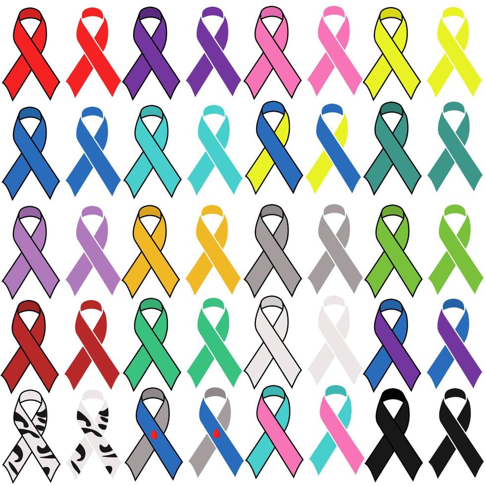 eine Reihe von Bewusstseinsbändern in verschiedenen Farben, symbolische Bänder für verschiedene Krankheiten und Gesundheitszustände, soziale Zeichen in Form eines Bandes vektor