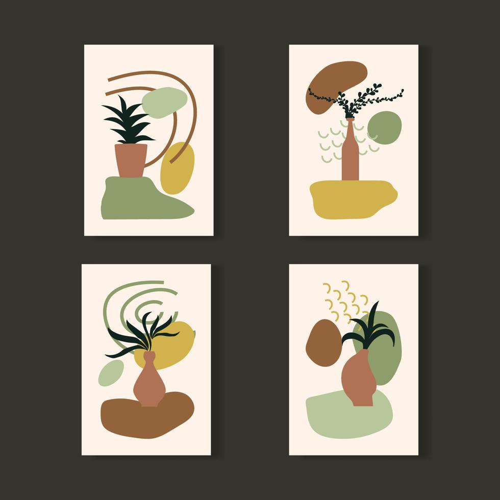 satz moderner abstrakter ästhetischer plakate mit pflanzen- und blumenvektorillustration vektor