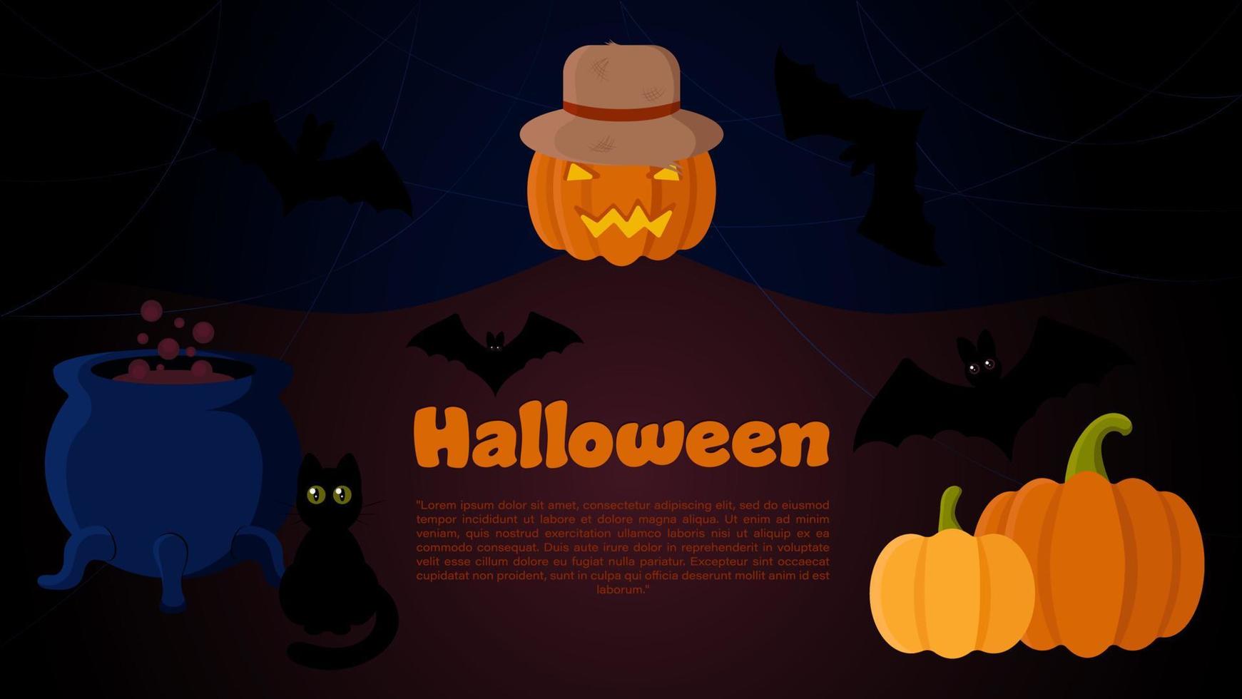 halloween-vektorbanner-vorlage mit jack o'lantern vogelscheuche, kürbissen, hexenkessel, katzen- und fledermaussilhouetten. perfekt für Websites, soziale Medien, gedruckte Materialien usw. vektor