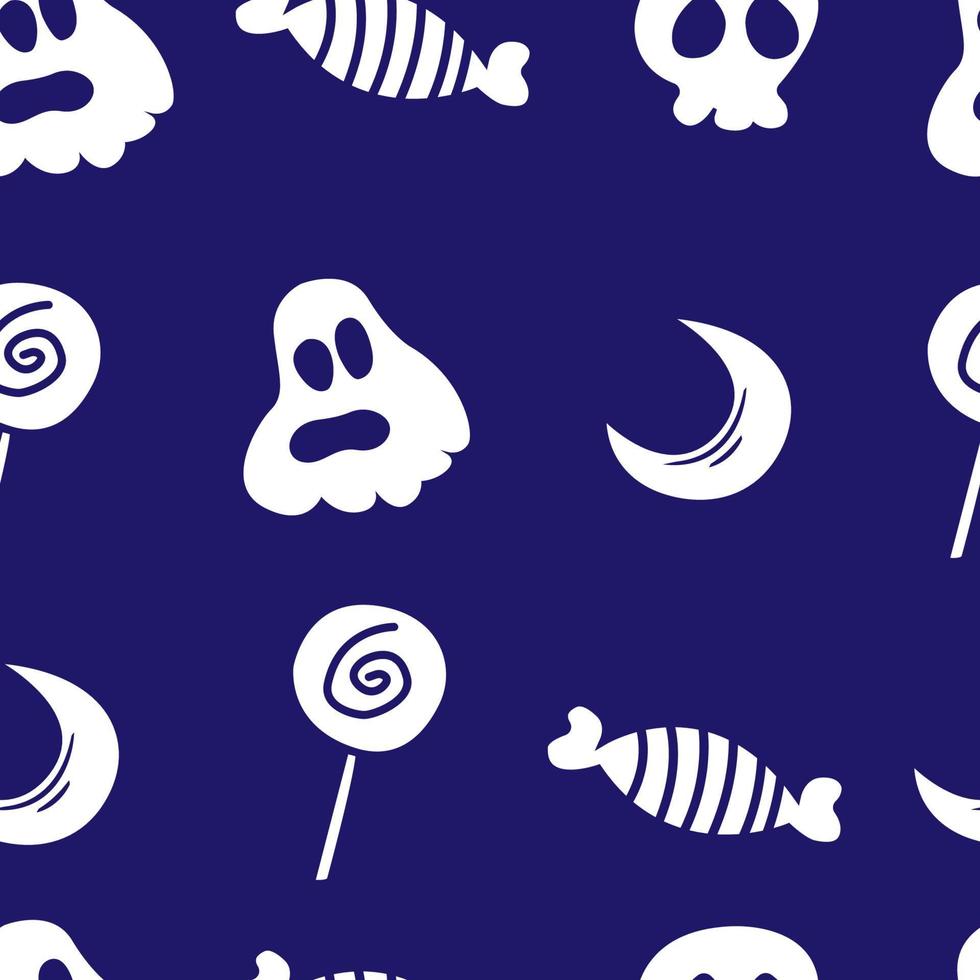 halloween sömlös mönster med halvmåne, godis, spöke, och Mer. halloween sömlös mörk blå bakgrund. redo för utskrift. lätt till redigera vektor