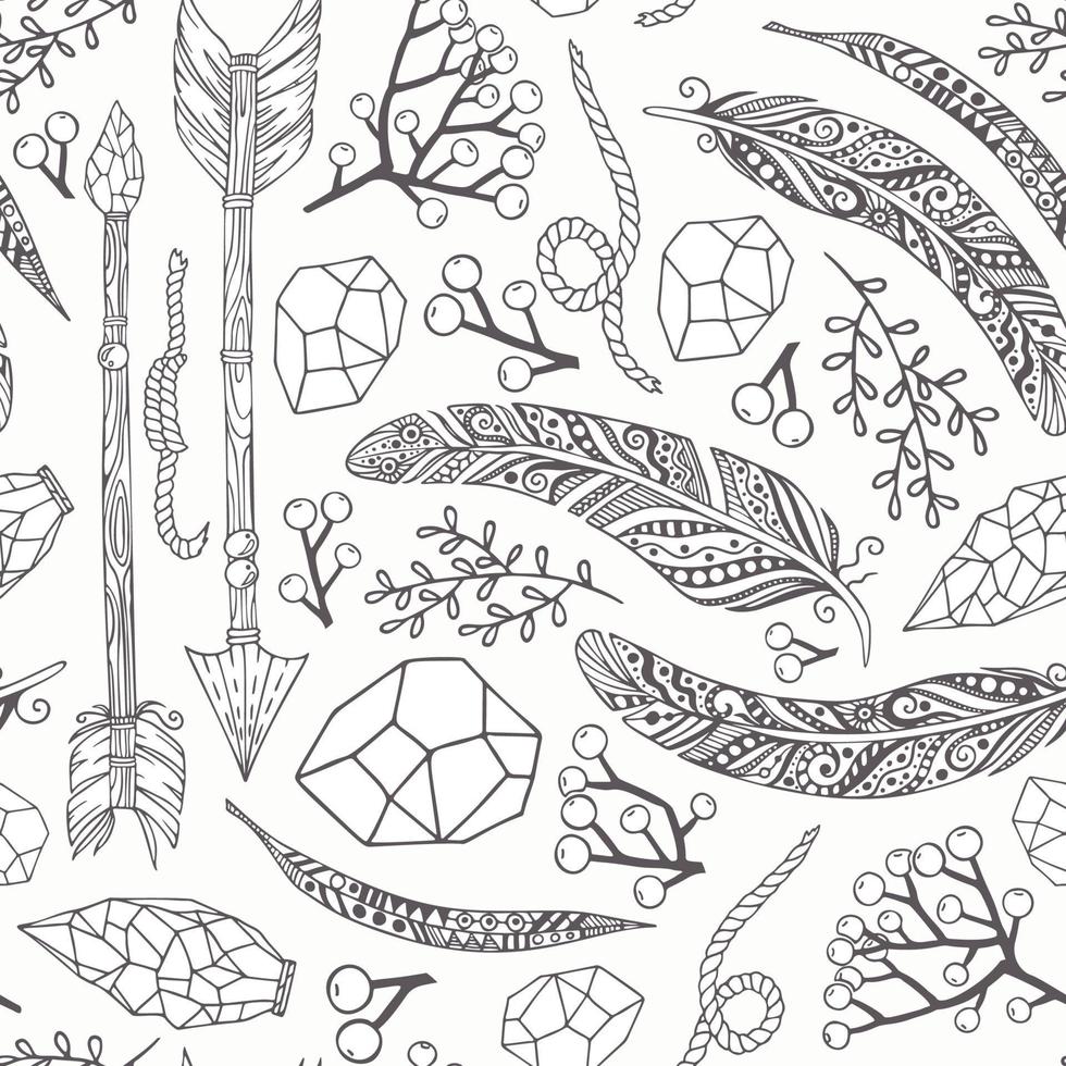 vektor sömlös mönster i boho stil med pilar av fjädrar, växter, stenar och rep.