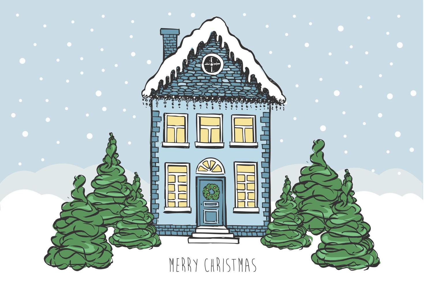 Illustration von Häusern. Weihnachtsgrußkarte. handgezeichnete Abbildung. vektor