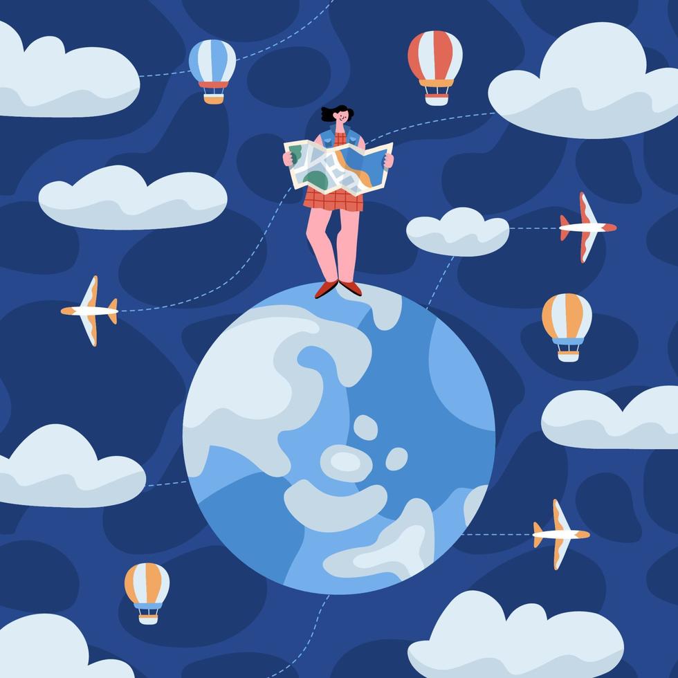 vektorillustration des reisenden charakters mit der karte, die auf dem globus steht, himmel, wolken und baloons herum vektor