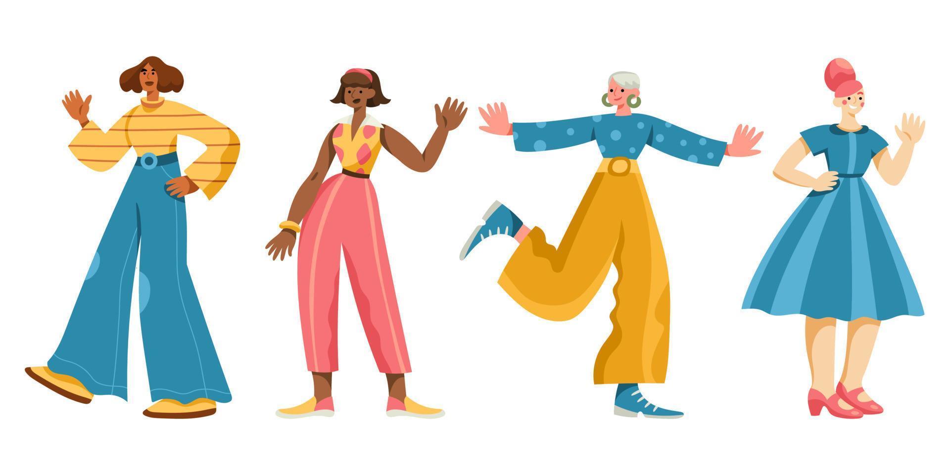 Diverse fröhliche Frauen in Retro-Kleidung der 1960er Jahre gehen, stehen, winken mit den Händen vektor
