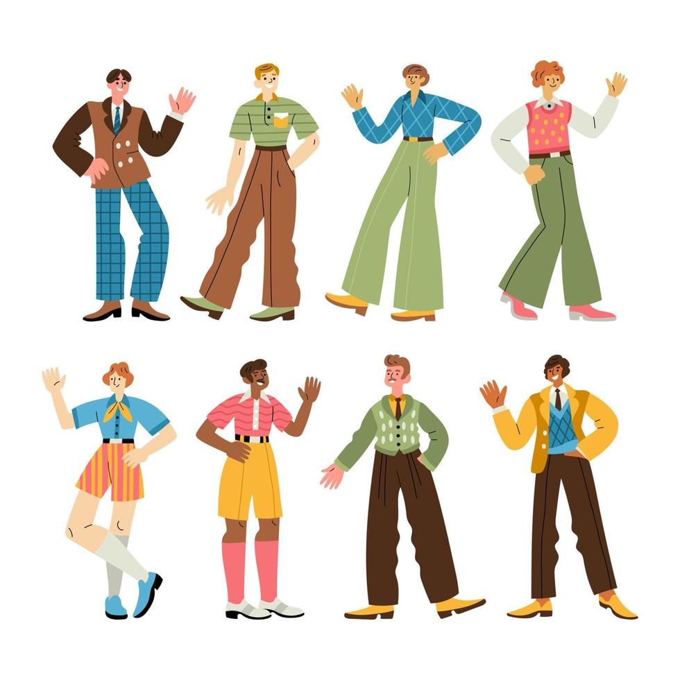 Diverse fröhliche Männer in Retro-Kleidung der 1960er oder 1970er Jahre gehen, stehen, winken mit den Händen vektor