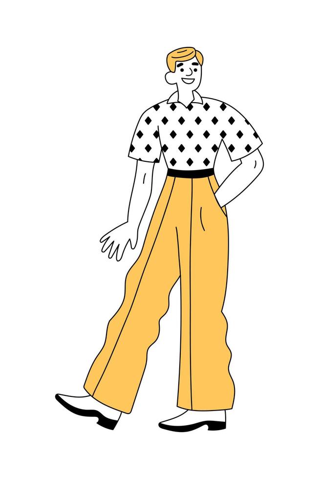 Fröhlicher Mann in Retro-Kleidung der 1960er oder 1970er Jahre zu Fuß vektor