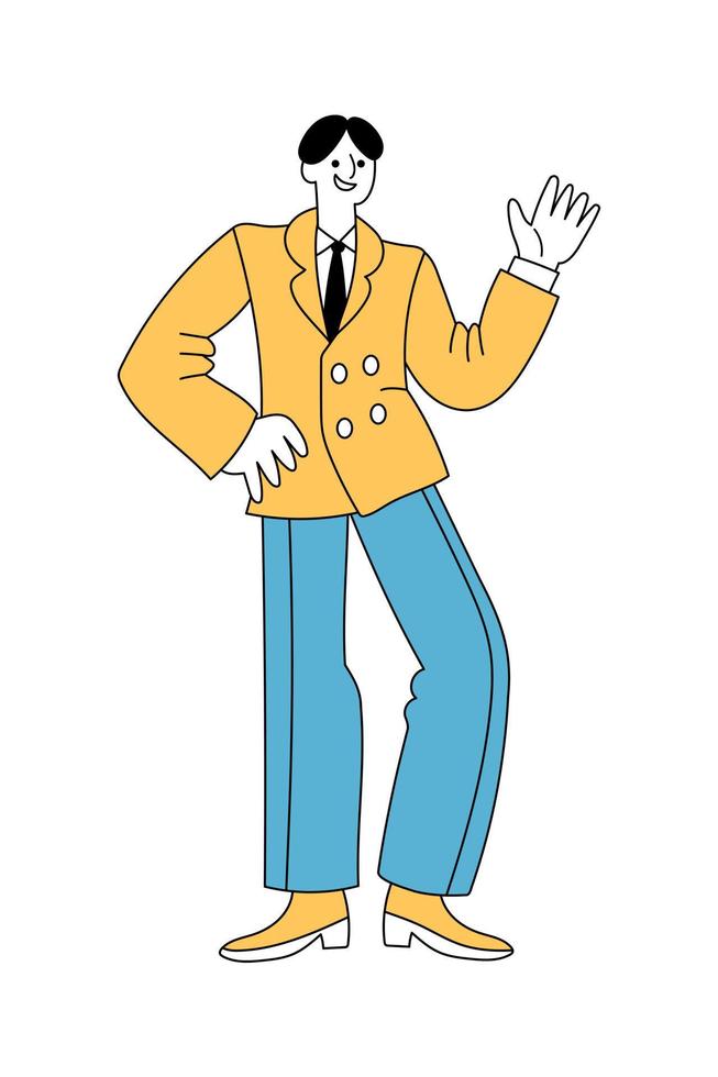 Fröhlicher Mann in Retro-Kleidung der 1960er oder 1970er Jahre, der mit der Hand geht und winkt vektor